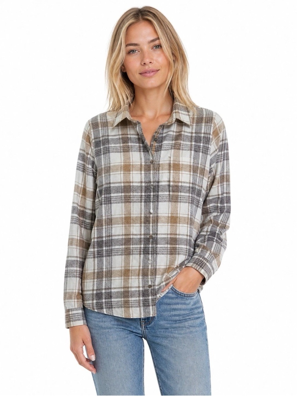 Women's KÜHL Kamila Flannel Shirt Size Medium Ganache Plaid Brown Cream Gray NWT